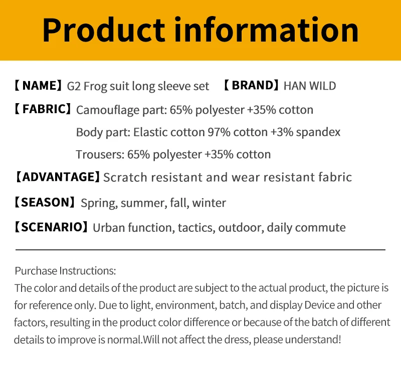 La imagen muestra una sección de información del producto con detalles sobre un conjunto de traje G2 Frog de manga larga de la marca HAN WILD