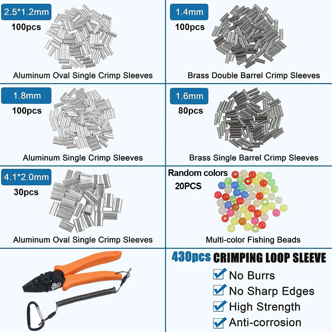Alicates de pesca de acero inoxidable, herramienta de prensado de cuerda de alambre, manga de prensado de bucle para agua salada, kit de aparejos de pesca, 430 piezas - imagen 3