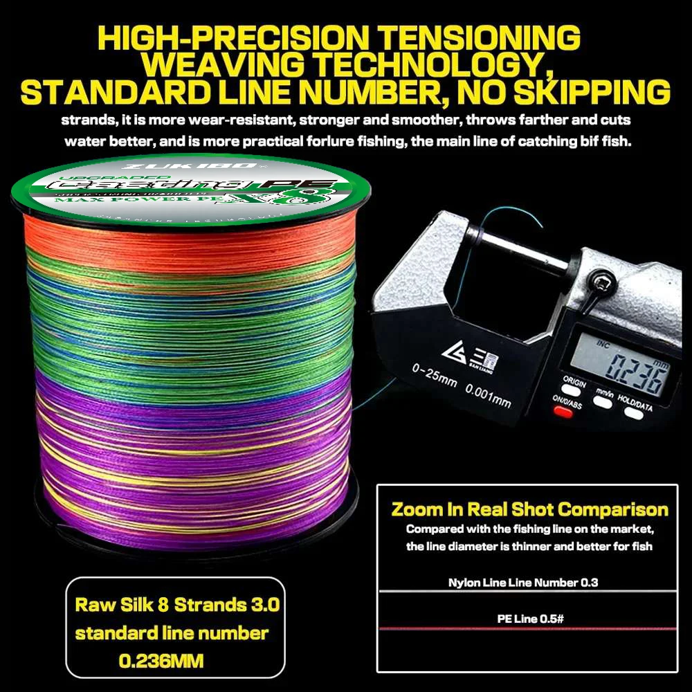 ZUKIBO-sedal de pesca de agua salada, sedal de 8 hebras, multifilamento suave, superfuerte, trenzado, PE, 1000M, 2000M - imagen 3