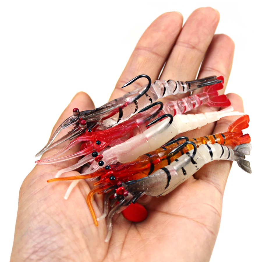 10 unids/lote cabeza de plomo plantilla de camarón de silicona simulación suave Señuelos de pesca de gambas cebo Artificial para aparejos de pesca trucha gancho único - imagen 2