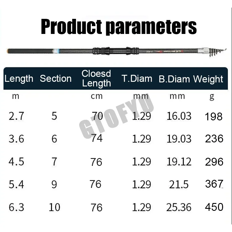 2,7 M 3,6 M 4,5 M 5,4 M 6,3 M 7,2 M caña de pescar telescópica de carbono caña ultraligera señuelo carpa viaje océano caña de pescar giratoria - imagen 5