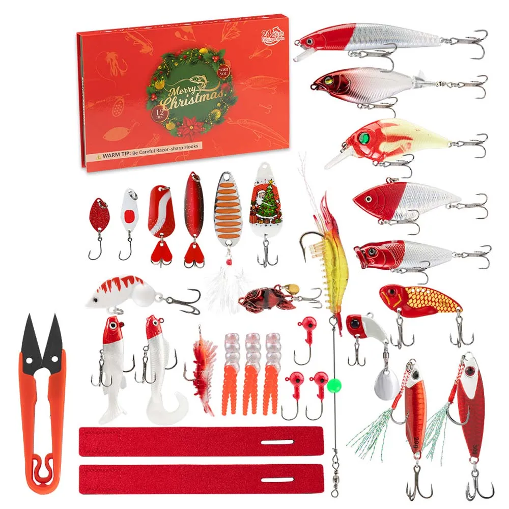 JSFUN 24 Uds. Juego de aparejos de pesca calendario de Adviento calendario de cuenta atrás de Navidad caja de Señuelos de Pesca regalos de Navidad para amantes de la pesca