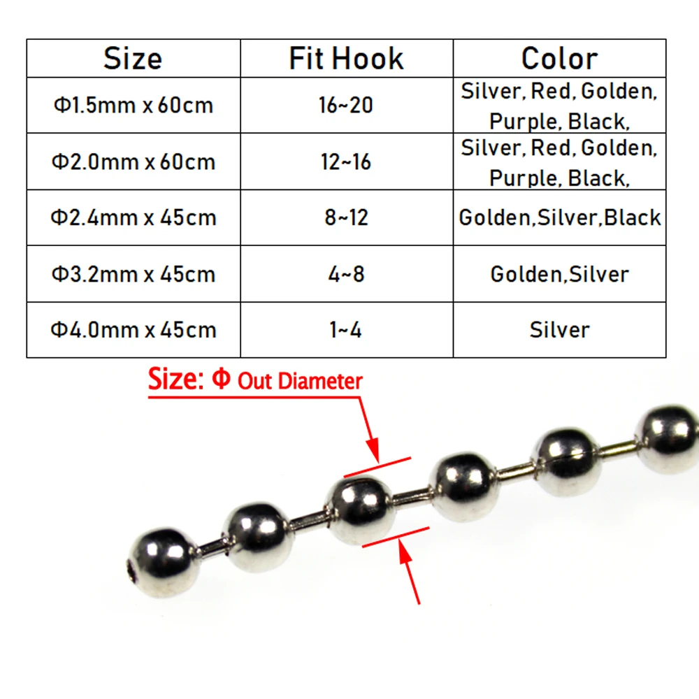 Wifreo-Cadena de bolas para pesca con mosca, 45cm, 60cm, Ojos de Metal, 1,5mm, 2,0mm, 2,4mm, 3,2mm, Material de pesca con mosca de Ninfa, negro, plateado, dorado - imagen 2