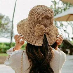 Sombrero de paja femenino Playa Summer – Ala ancha plegable con lazo ganchillo
