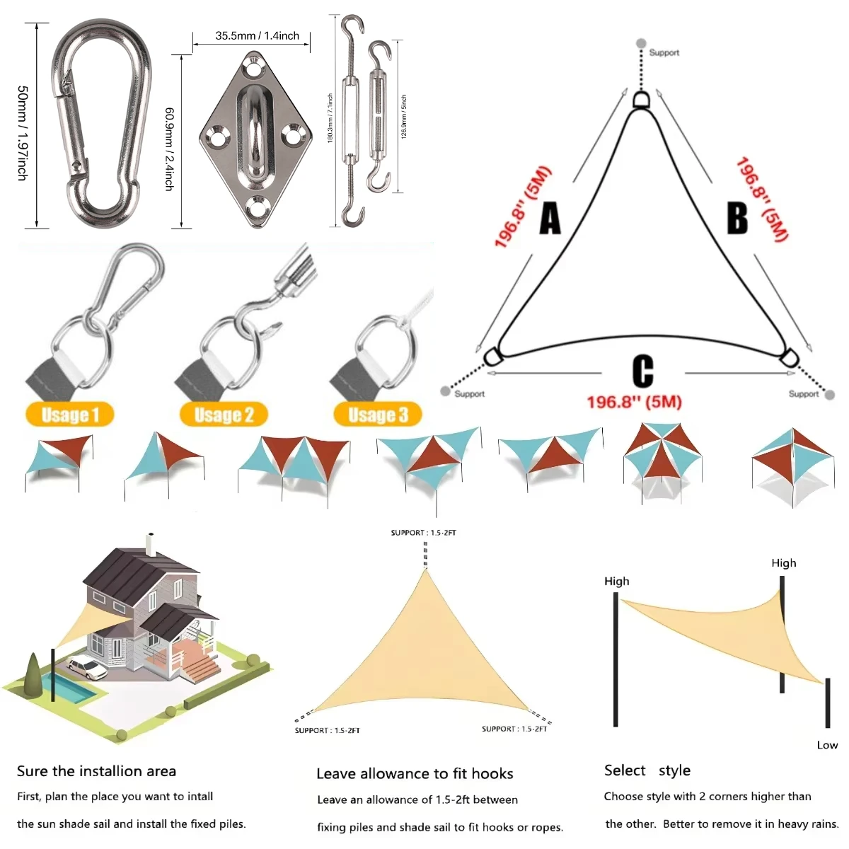 Triangle Sun Shade Sail Waterproof Garden Sail Canopy 98% UV Block Outdoor Patio Party Awning with Install Accessories and Ropes - imagen 5