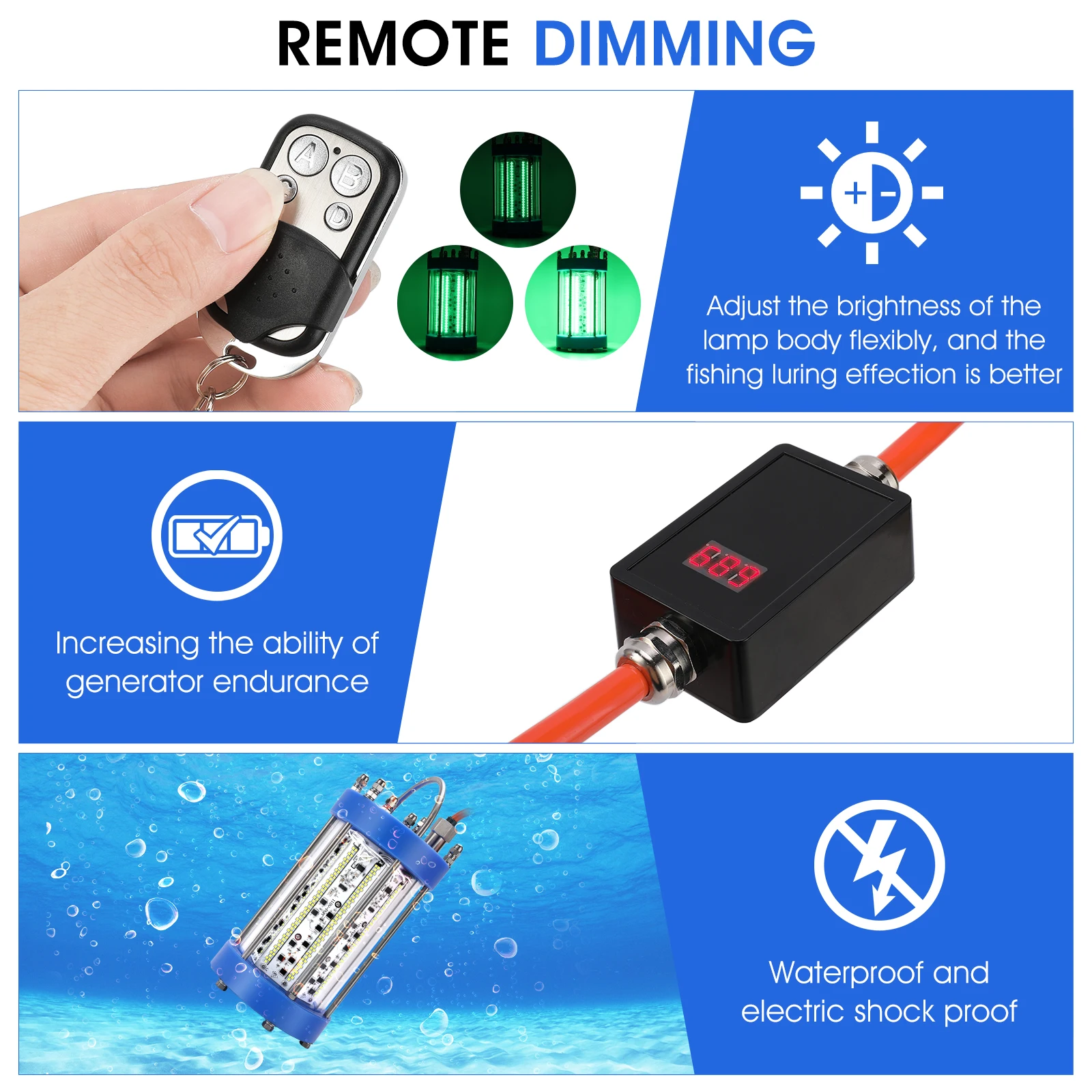 Pinboer Luz de pesca submarina 500W AC110V 65000LM Lámpara LED sumergible verde de alta potencia con brillo regulable - imagen 4