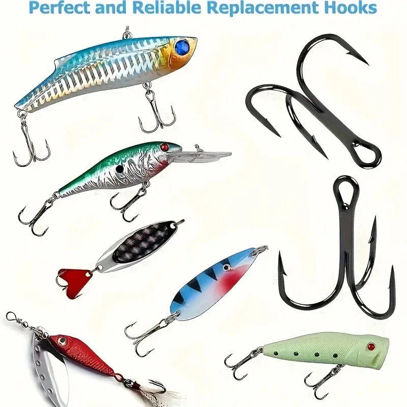 50 unids/caja de anzuelos de pesca triples súper afilados de níquel negro de acero al carbono para señuelo duro anzuelos de señuelo Artificial Triple doblado redondo - imagen 5