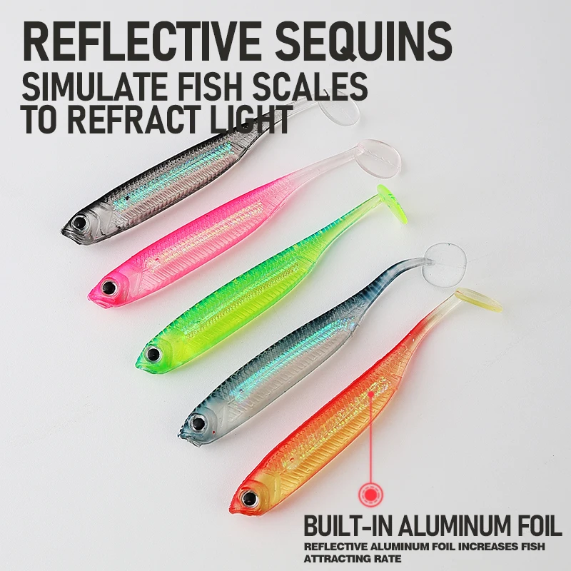 TAIYU 5 unids/set 7,5 cm suave Arco Iris T cola señuelo de pesca Kit lento hundimiento Artificial biónico Swimbaits agua salada señuelo de agua dulce - imagen 5