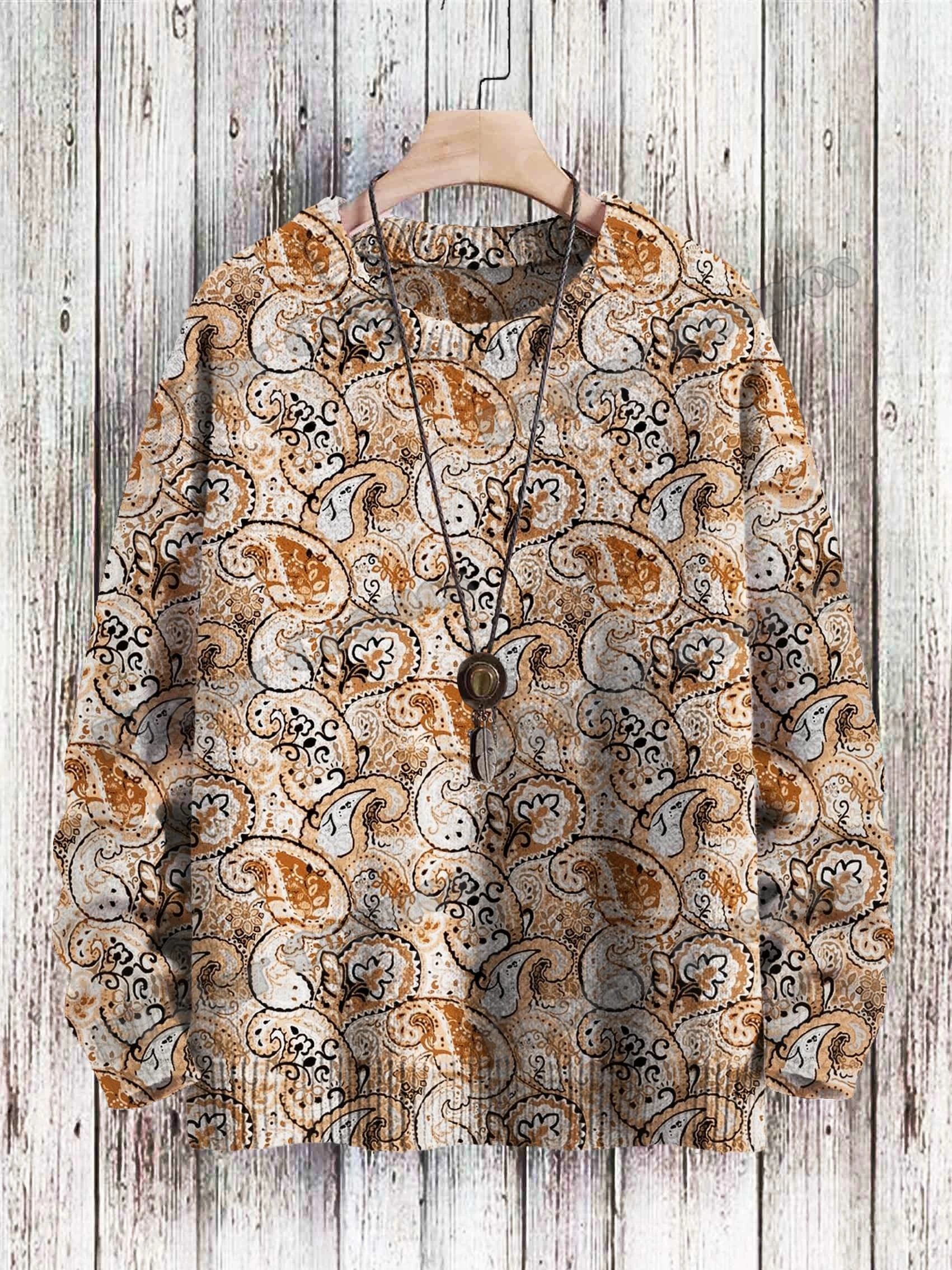 Jersey de punto unisex – Estampado Luna y sol, cuello redondo retro