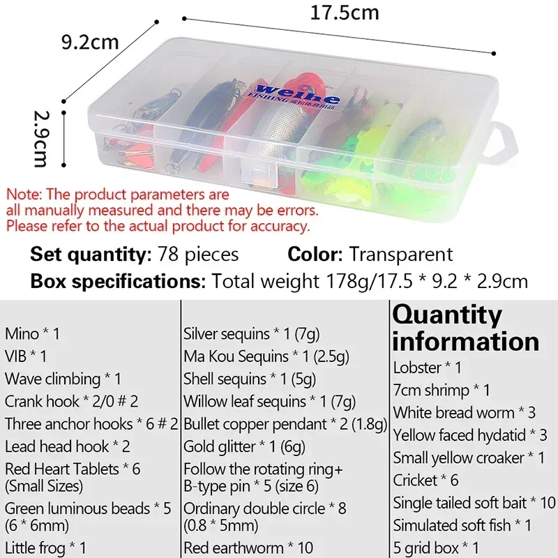 Nuevo juego de Señuelos de Pesca híbridos de 78 piezas, Kit de señuelos duros y suaves, señuelo de Metal para pececillos, cuchara, caja de accesorios para lubina, Crankbaits - imagen 5