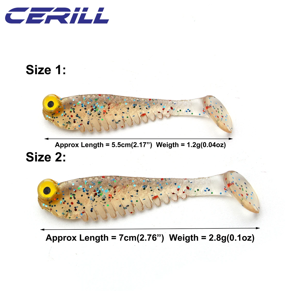 Ceril-señuelo de pesca suave 3D ojos T cola Artificial silicona realista gusano cebo luminoso pequeño Wobbler Swimbait, 5,5 cm, 7cm, 10 piezas - imagen 4