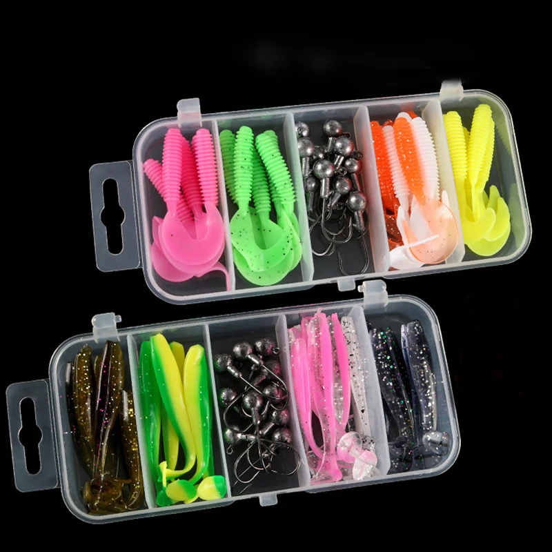 25 uds señuelo en caja cebo suave perca Warbler cebo de pescado gusanos blandos rosca cola rizada gusano cebo biónico cebos falsos ganchos de cabeza de plomo