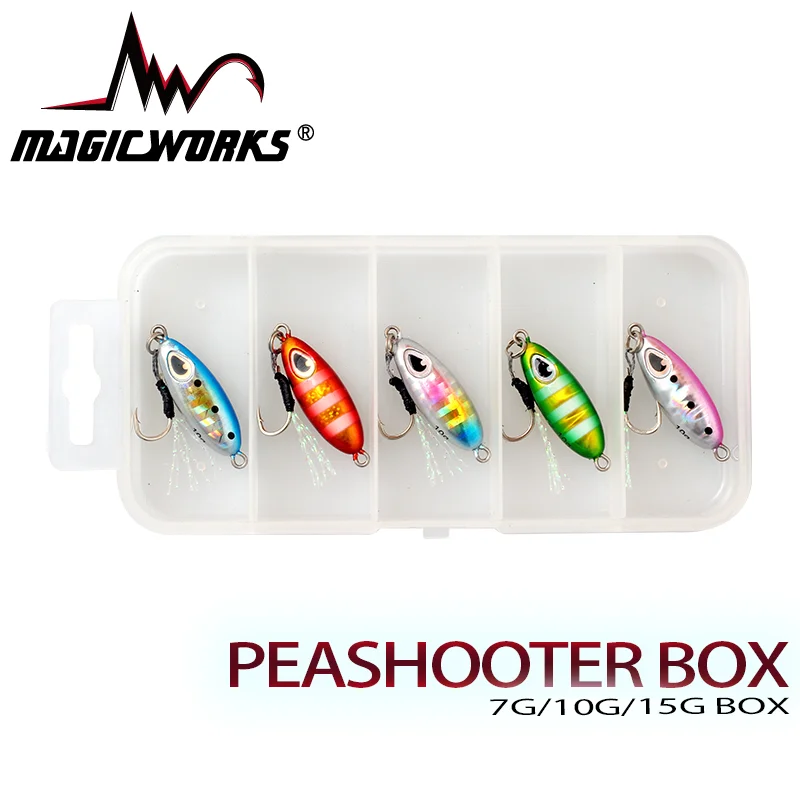 MAGIC WORKS Fishing Supplies, nuevo Kit de cebo Artificial, plantilla de Metal, juegos de Señuelos de Pesca en el mar, caja de señuelos de pesca, 7g, 10g, 15g, 5 unids/lote por caja - imagen 5