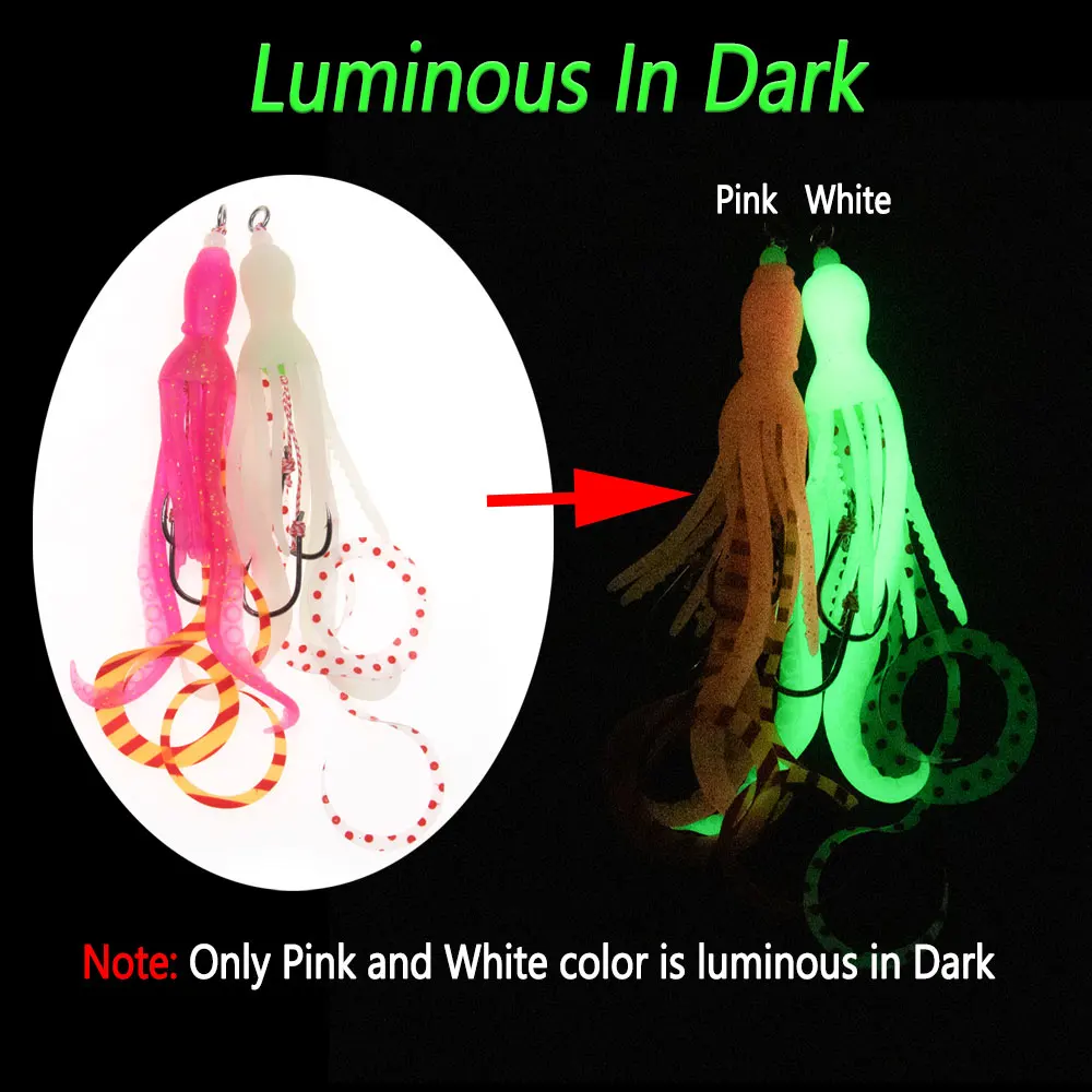 Bimoo 2 uds anzuelo de asistencia 9,5 cm luminoso suave falda de pulpo señuelo de agua salada doble gancho Inchiku anzuelos señuelo pesca Swimbait - imagen 5