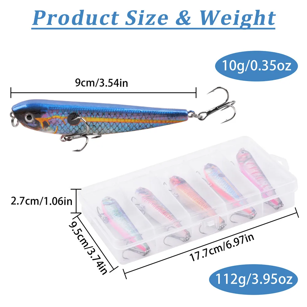 Señuelo de pesca para caminar, cebo flotante de 9g, lápiz sonajero para agua salada, para lubina Popper, walleye, Stickbait, 5 unidades - imagen 2