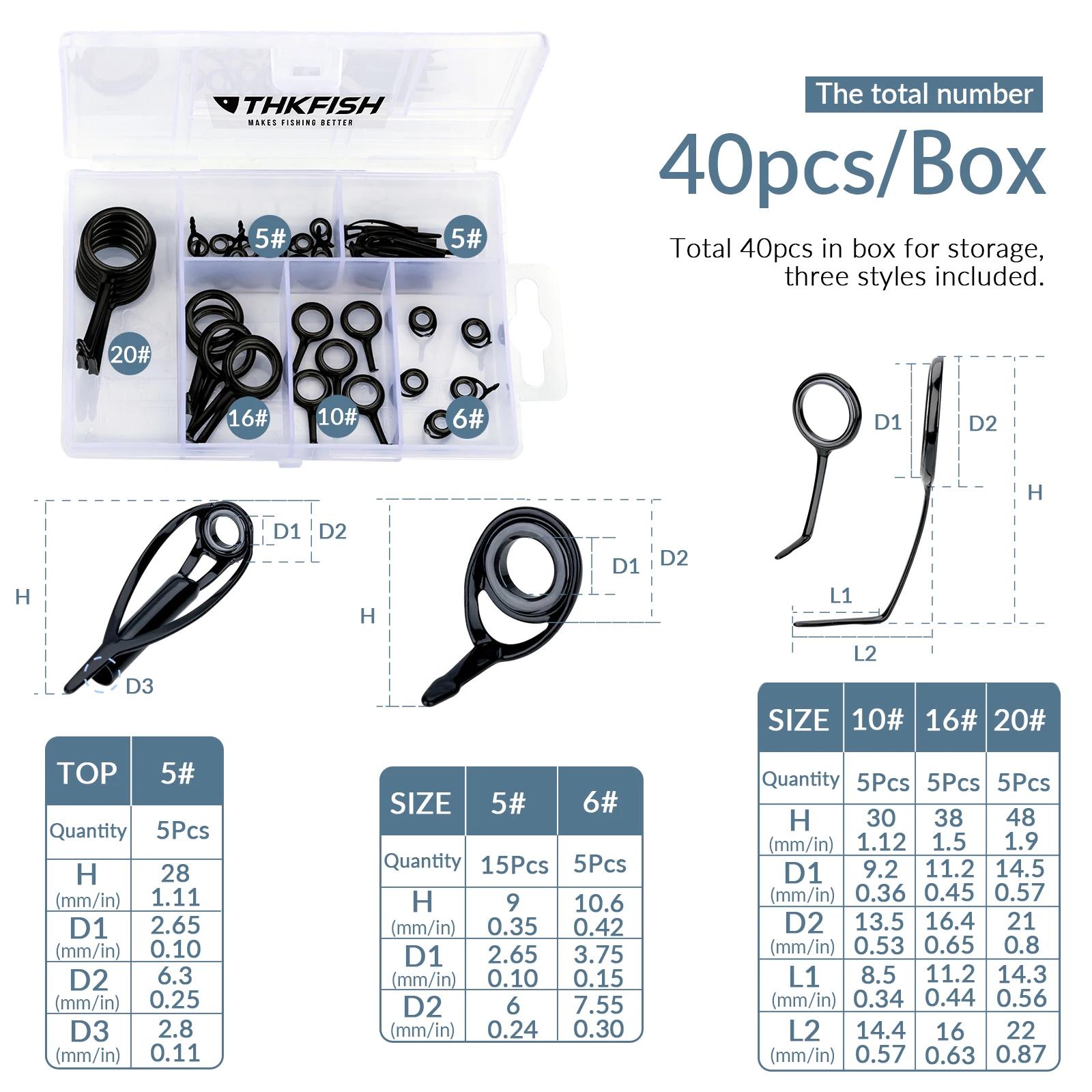 THKFISH-Juego de anillos guía para caña de pescar, 40 Uds., tapas multiusos para puntas de caña, Kits de reparación, accesorios para aparejos de pesca de agua dulce - imagen 3