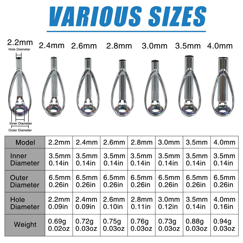 Kit de reparación de puntas guía de caña de pescar, marco de acero inoxidable de 2,2mm-4,0mm, anillo de cerámica láser de arcoíris, aparejos para caña de pescar, 10 Uds. - imagen 2