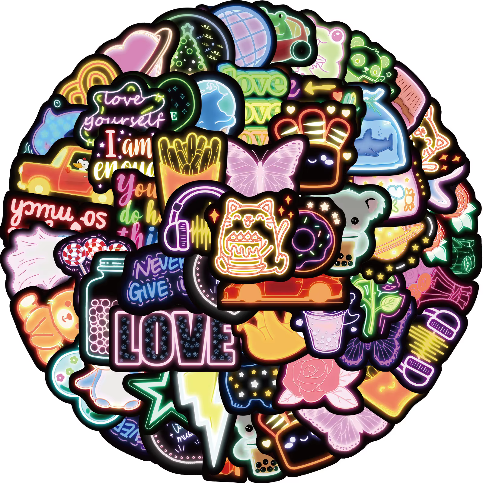 Detalle de pegatinas con motivos de dibujos animados y grafiti