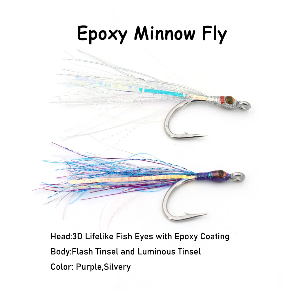 Wifreo 6 uds 4/0 anzuelo de acero inoxidable pesca con mosca pececillo señuelo cabeza epoxi ojos 3D luminoso Flash oropel Saltwaer Señuelos de pesca - imagen 2