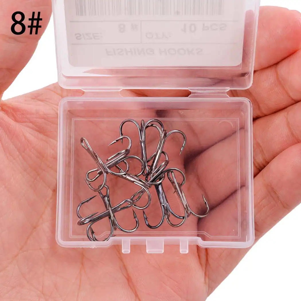 Anzuelo de pesca de acero con alto contenido de carbono, anzuelos triples volteados, aparejos de pesca de curva redonda, agudos para lubina, unids/lote 10/caja, 10 # - 3/0 # - imagen 5