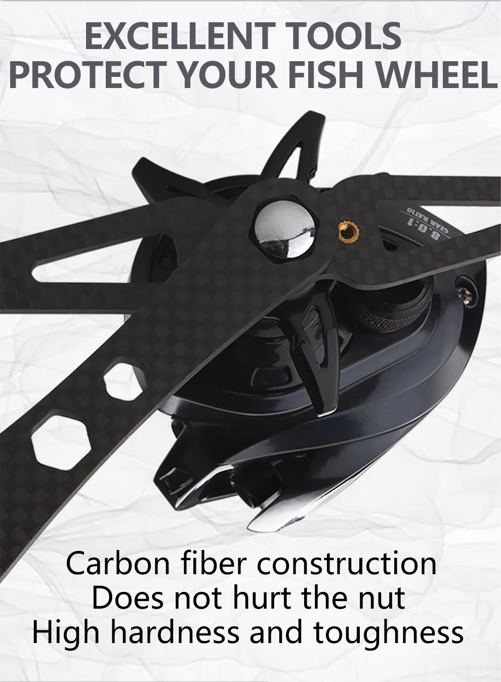 Una rueda de pesca con una construcción de fibra de carbono