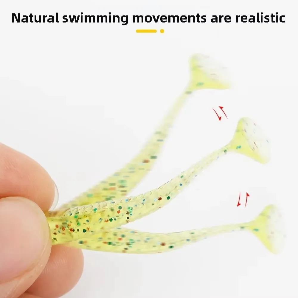 20 Uds. Señuelos de pesca blandos 5,5 cm 7cm pequeño Artificial cola en T señuelo de gusano aparejos de pesca de lubina Wobblers Swimbaits cebo Jig pesca - imagen 5
