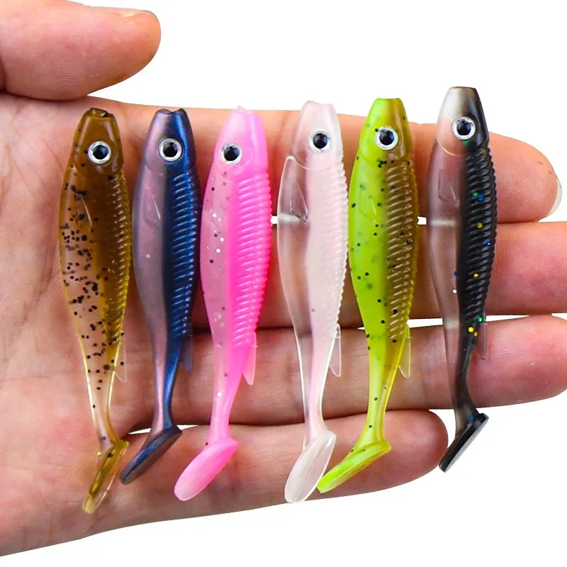 Swolfy, 10 Uds., 65mm/2,8g, pequeños peces reales, cola en T, cebos blandos, señuelo 3D, ojo de pez, Wobblers artificiales, juego de pesca Swimbait de silicona - imagen 5