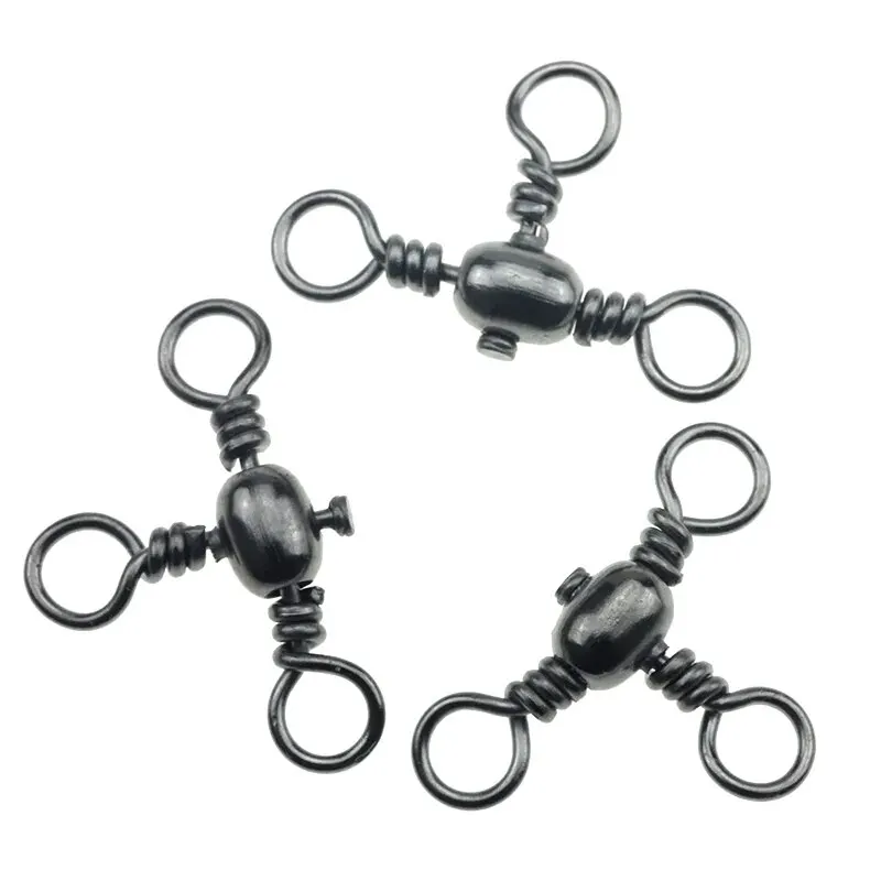 50 unids/bolsa accesorios de pesca niquelado negro conector de tres clavijas divisor de sublínea giratoria en T anillo Bazi para pesca al aire libre - imagen 3