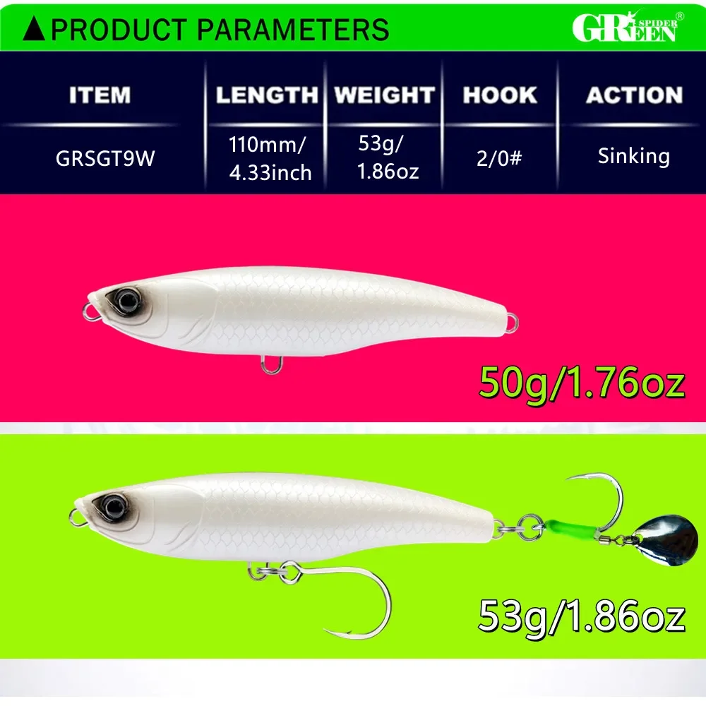 GREENSPIDER-señuelo de pesca en alta mar, cebo duro Artificial, lápiz de hundimiento, 110mm, 50g, resistente, 5X anzuelos - imagen 4