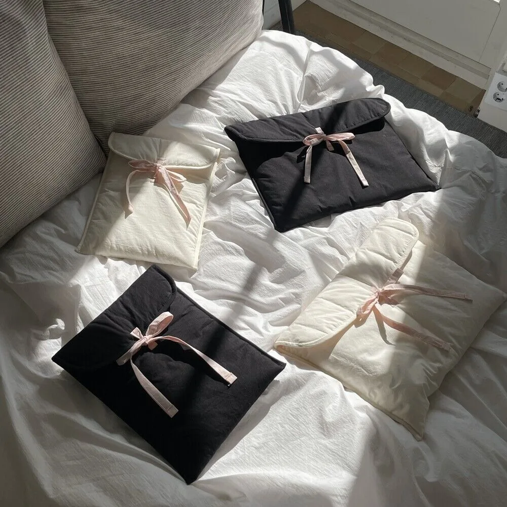 Bolso para ordenador portátil con lazo para mujer, informal, con lazo rosa, dulce y sólido, maletín de algodón, bolso de mano de gran capacidad, nuevo - imagen 3