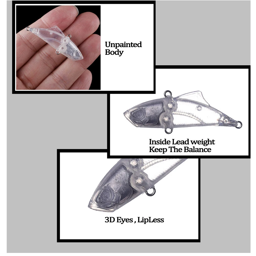 Chan'sHuang-Cebo en blanco sin pintar, 30 piezas, 45mm, 5,3g, hundimiento silencioso, Crankbait, Mini VIB, señuelo de pesca Artificial artesanal - imagen 4