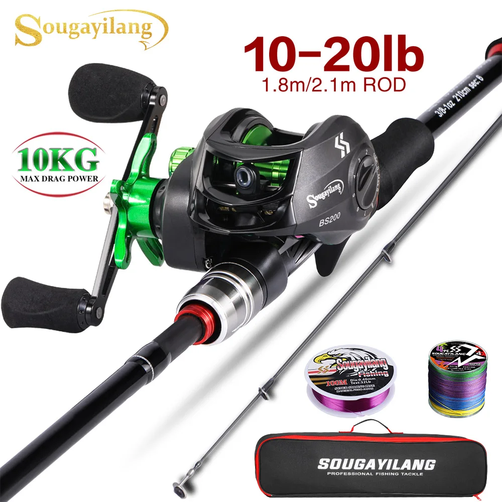 Kit de carrete de caña de pescar Sougayilang Baitcasting, caña de fibra de carbono de 1,8-2,1 m y carrete 7,2: 1, arrastre máximo de 10kg para Pesca de lubina