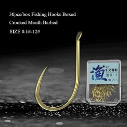 30 unids/caja anzuelos de pesca en caja boca torcida espinas importadas a granel anzuelos dorados hierba carpa pesca en el mar anzuelos grandes al por mayor púa