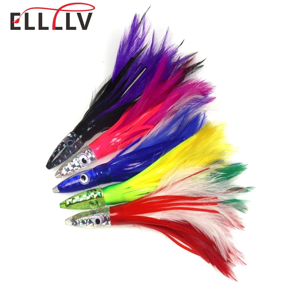 Señuelo con cabeza de resina acrílica para pesca en el mar, cebo con forma de pulpo, falda y pluma, 14cm/30g, para pesca de arrastre grande, atún, Wahoo, 5 colores