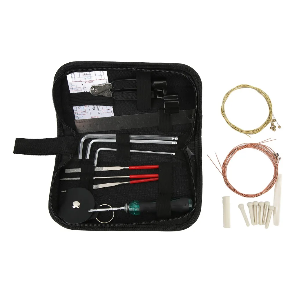 Kit de reparación para guitarra con herramientas, cuerdas y bolsa