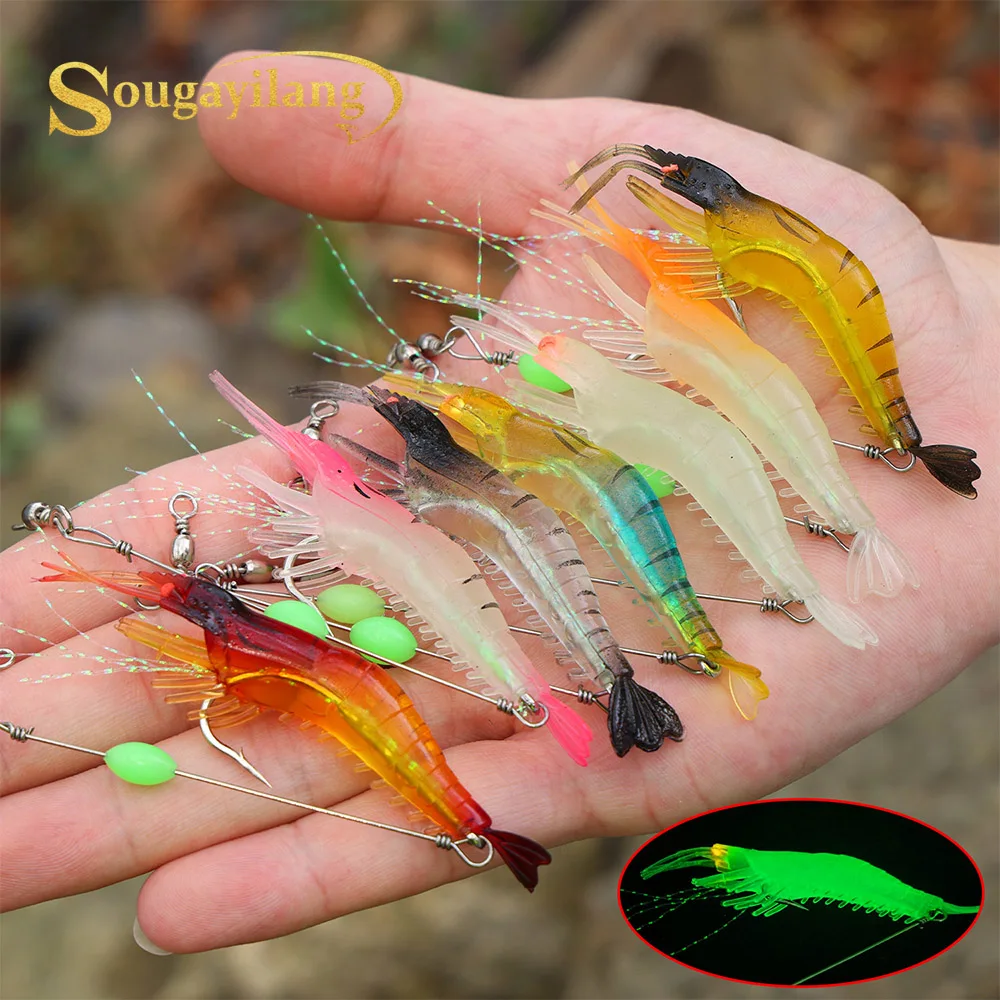 Sougayilang-señuelo de pesca suave para camarones, luminoso, con gancho, cuentas giratorias, cebo de pesca brillante de silicona Artificial, juego de cebo para peces, Jigging - imagen 2