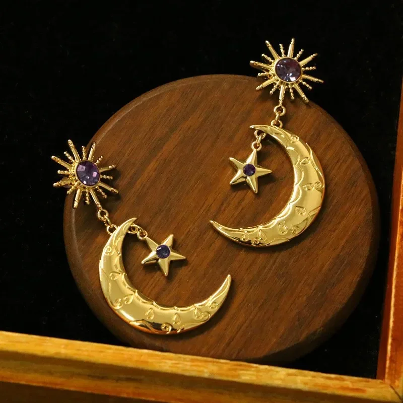 Nueva moda sol estrella Luna gota pendientes mujeres púrpura circón cúbico danza Bohemia hecho a mano cristal Luna estrella gota cuelga pendiente - imagen 3