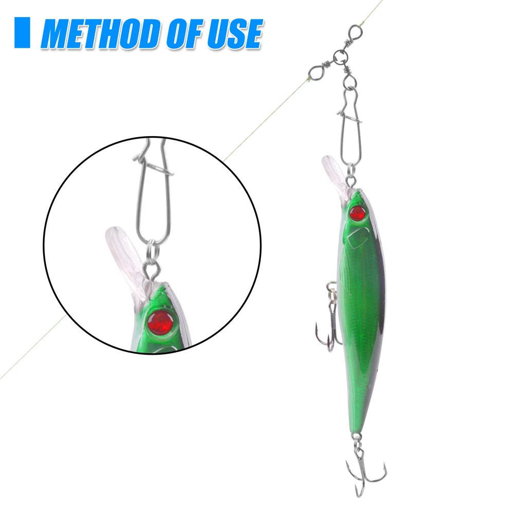 Broches giratorios de 3 vías, 50 piezas, acero inoxidable, línea cruzada, cierre Duo, barril de agua salada, Conector de aparejos de pesca triples giratorios - imagen 5