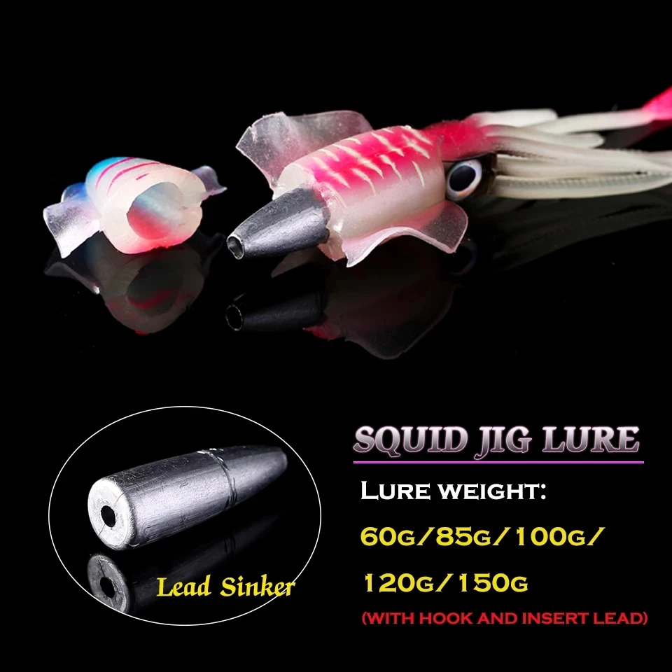 LEYDUN Señuelos de Pesca de calamar blando luminoso UV plantilla de calamar 20g 60g 85g 100g 120g 150g pulpo Calamar pesca mar cebo suave pesca en el mar - imagen 4