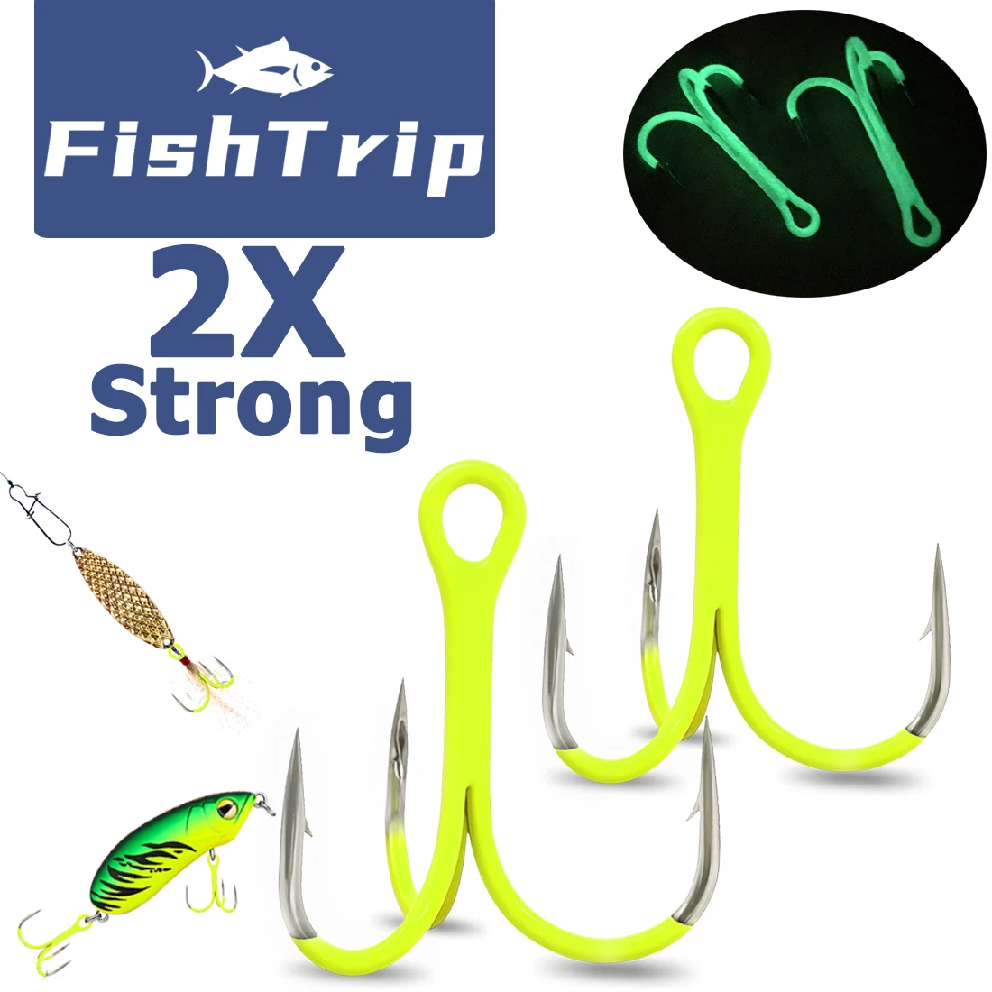FishTrip-anzuelo triple de pesca fluorescente/verde luminoso, anzuelo triple en línea, señuelo de pesca de agua dulce y salada, anzuelo Triple