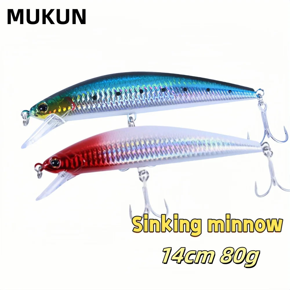 MUKUN 1 pieza 14cm 80g señuelo de Pesca hundimiento Minnow señuelo duro Pesca anzuelos triples fuertes Wobbler Jerkbait Swimbait cebo