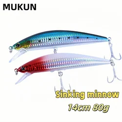 MUKUN 1 pieza 14cm 80g señuelo de Pesca hundimiento Minnow señuelo duro Pesca anzuelos triples fuertes Wobbler Jerkbait Swimbait cebo