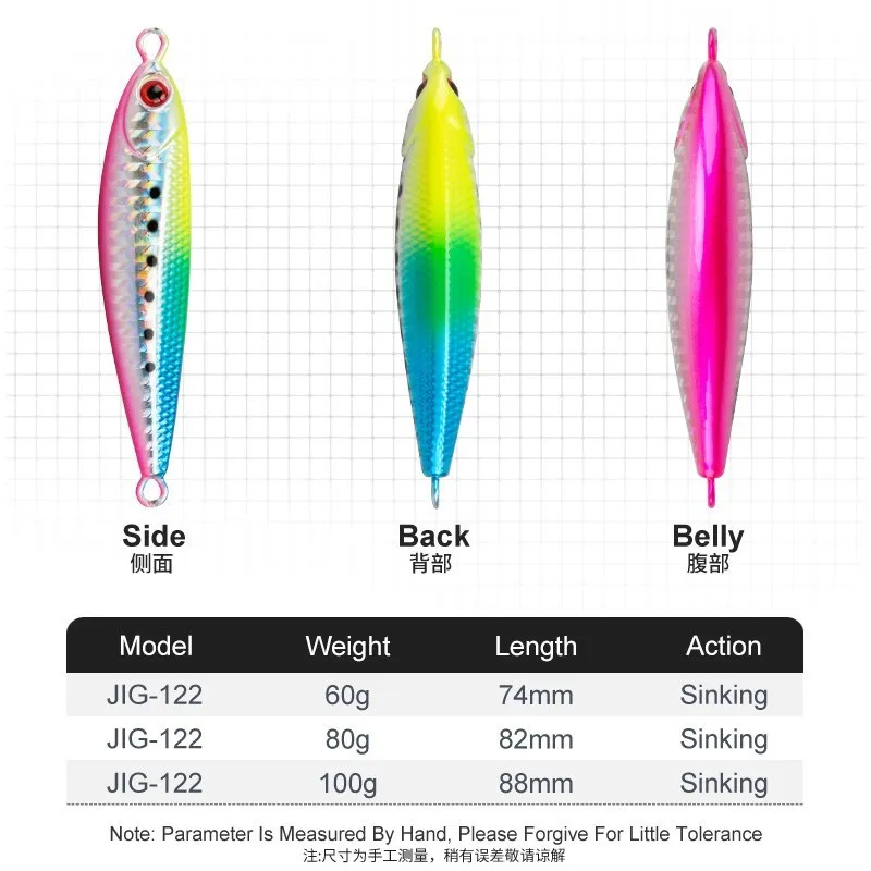 TEASER J122 60g 80g 100g Micro plantillas de Metal cebo de hundimiento lento Metal Jigging señuelo de pesca brillo UV Shore Micro Jig cuchara señuelos - imagen 4