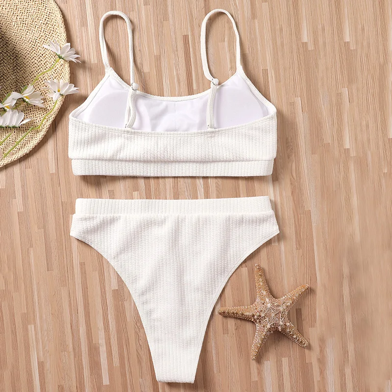 Bañador Sexy de cintura alta en forma de U para mujer, Bikini de realce acanalado, traje de baño de dos piezas de color sólido - imagen 5