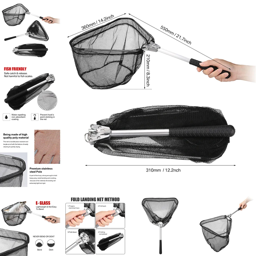 Red de aterrizaje de pesca plegable con mango de poste telescópico, extender a 190cm, 100cm, 80cm, red de pesca para agua dulce y salada - imagen 3