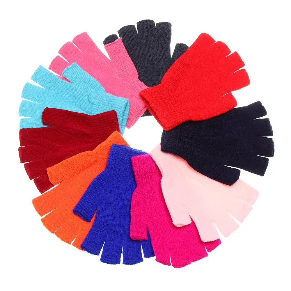 Mujeres Hombres mantienen el dedo caliente Color caramelo grueso cálido guantes cortos de punto mitones de medio dedo - imagen 2