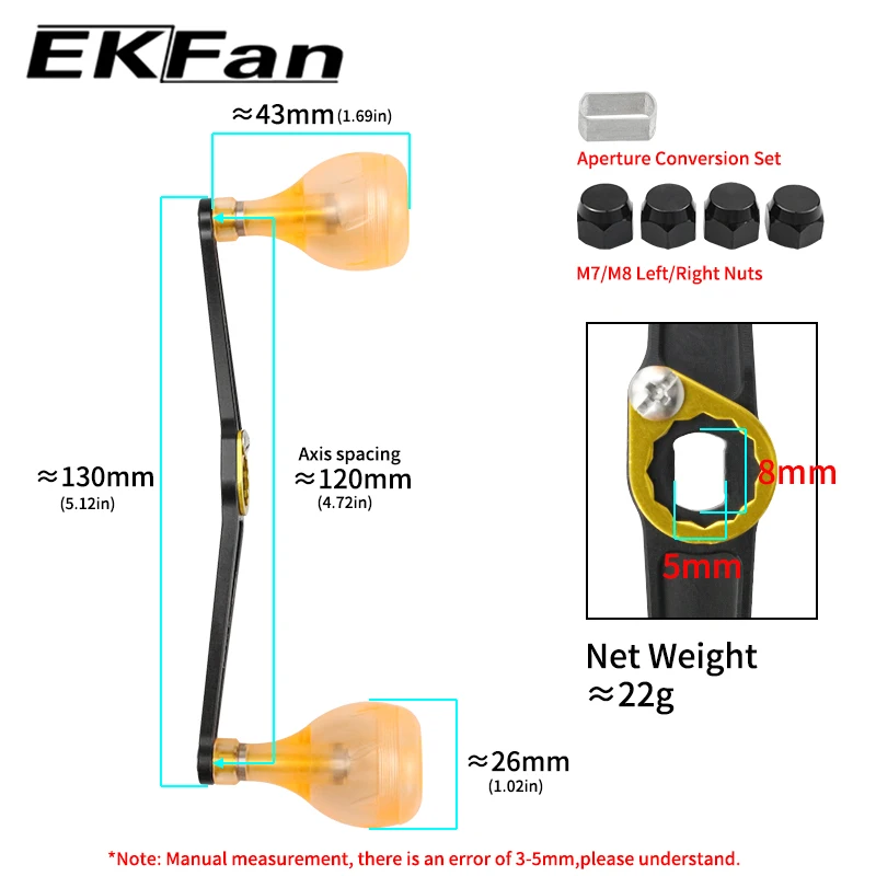 EKFan-manijas de aleación ultraligeras, 22G, 130MM, perillas acrílicas para agujeros de 8x5MM, 7x4MM, carrete de pesca por goteo, carretes de fundición, piezas de ruedas - imagen 5