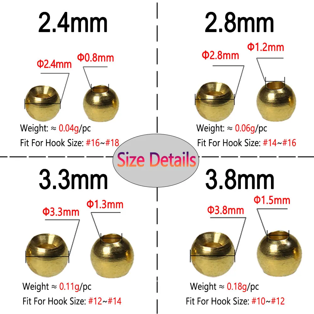 Bimoo 100PCS 2.4mm 2.8mm 3.3mm 3.8mm Brass Beads Head  Nymph Streamer Woolly Bugger Wet Fly Tying Materials Trout Fishing Lures - imagen 5