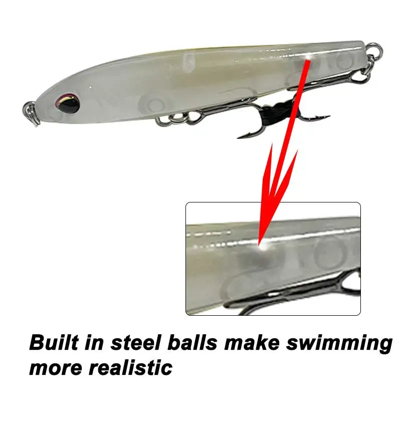 Un señuelo de pesca con una flecha roja que apunta al gancho