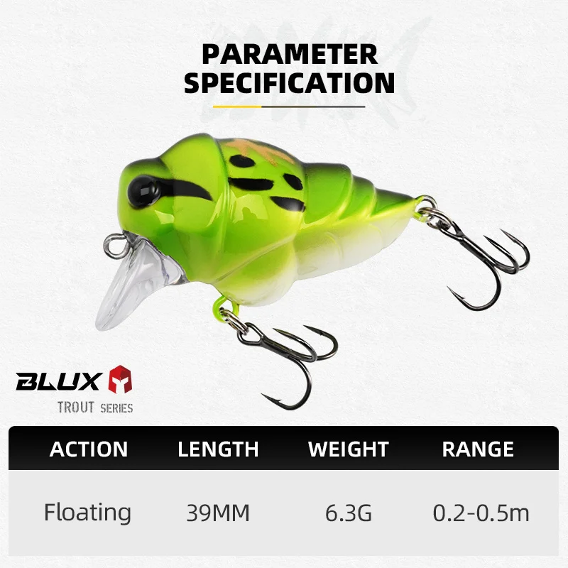 BLUX-señuelo de pesca de cigarra, 39mm, 6,3g, Crankbait flotante para insectos BFS, manivela rodante poco profunda, perca para lubina de agua dulce, aparejos de cebo para trucha - imagen 3